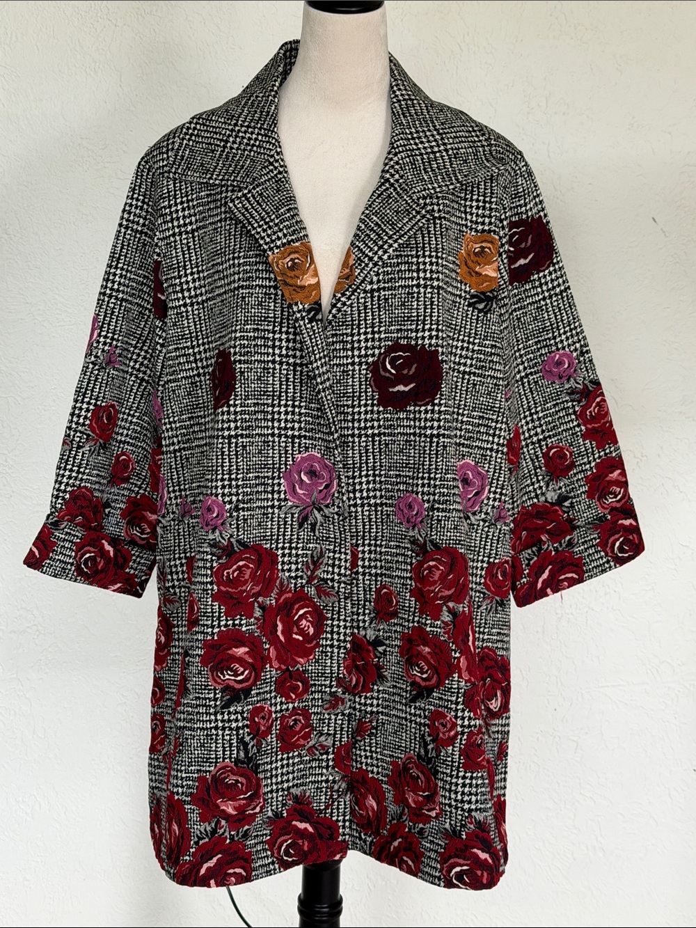 Caroline Rose Rose Floral Glen Plaid Jacquard Statement Jacket Topper size XL